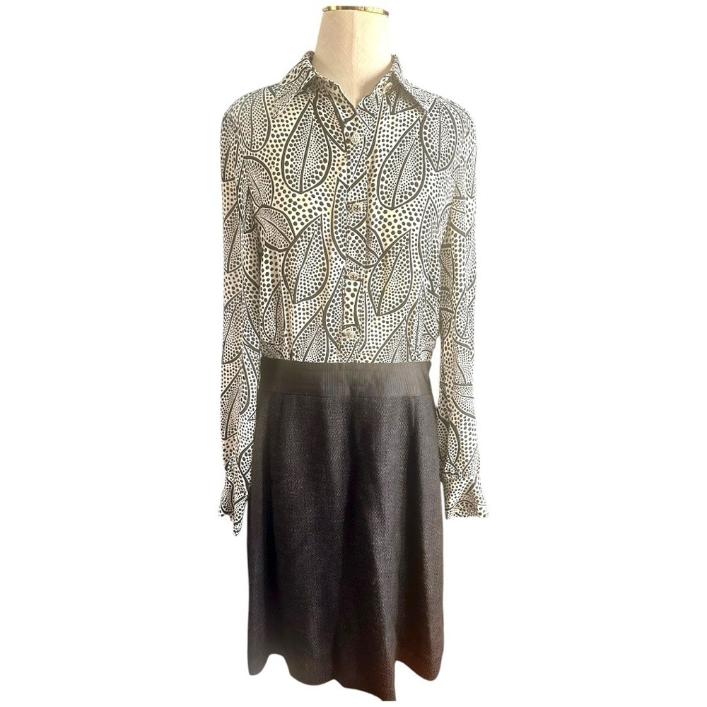 Tory Burch Classic Silk Monochrome Dotted Leaf Print Dress Size 8 - Picture 3 of 12